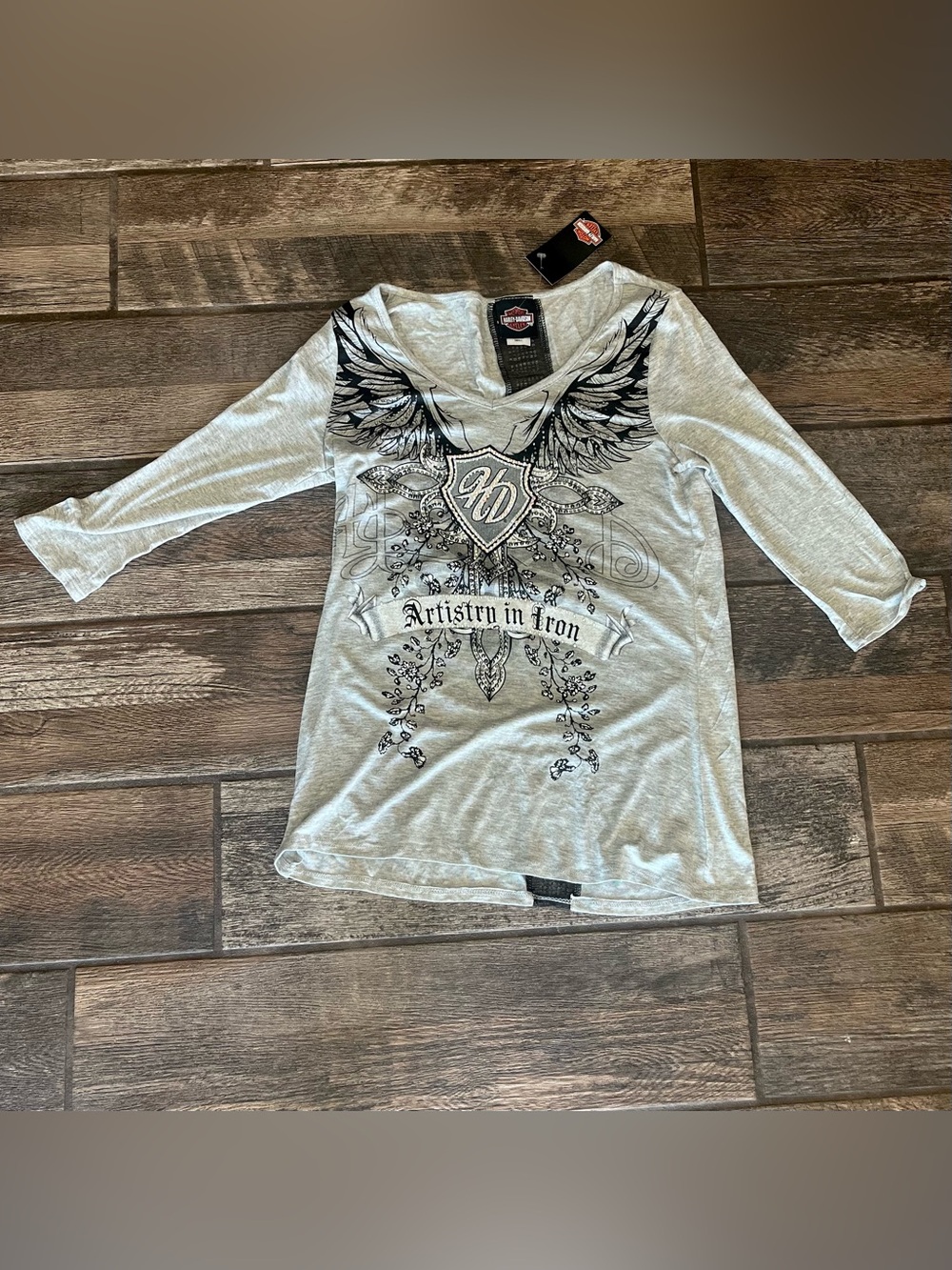 Harley Davidson 3/4 sleeve rhinestone t-shirt Artistry in Iron S